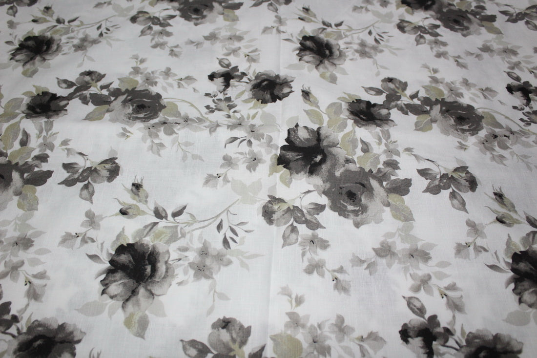 100% linen beautiful black grey and white floral print fabric 58" wide[9907]