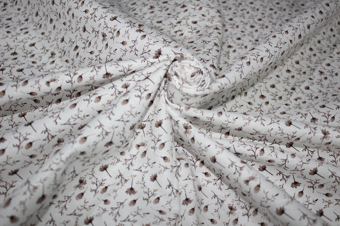 100% Linen Beautiful Ivory with Brown Floral Print Fabric 58" wide[10132]