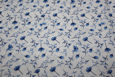 100% Linen Beautiful Ivory with Blue Floral Print Fabric 58" wide[10503]