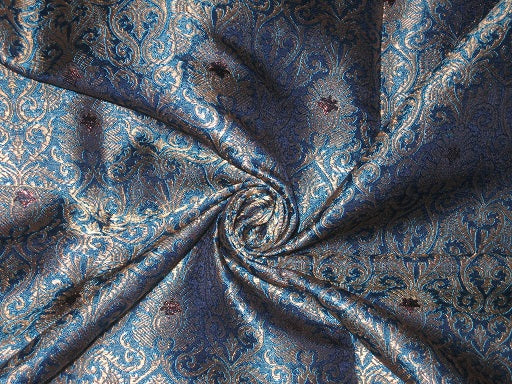 Silk Brocade fabric Gold,Bronze metallic &amp; Blue color