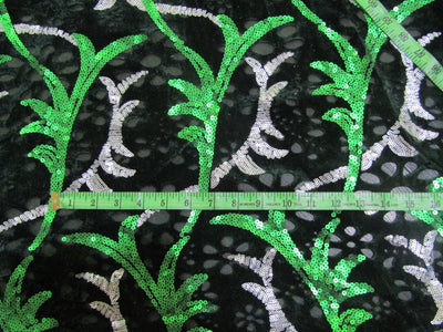 SEQUENCE with Net and Velvet, green and silver cut work embroidery 58" Wide [10527]