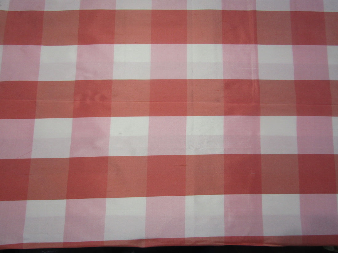 100% Pure Silk Dupion pink white salmon color Plaids Fabric 54" wide DUP#C121[4] [10584]