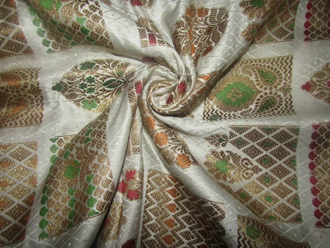Silk Brocade fabric white ivory and metallic gold 44" wide BY THE YARD BRO701B[1]