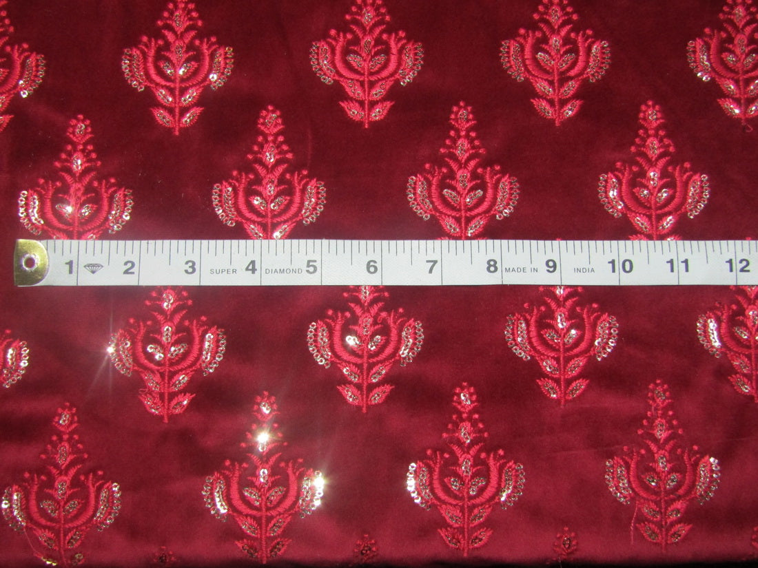 High Quality Velvet Magnum Fabric reddish pink embroidered and sequence work 56" wide [10665]