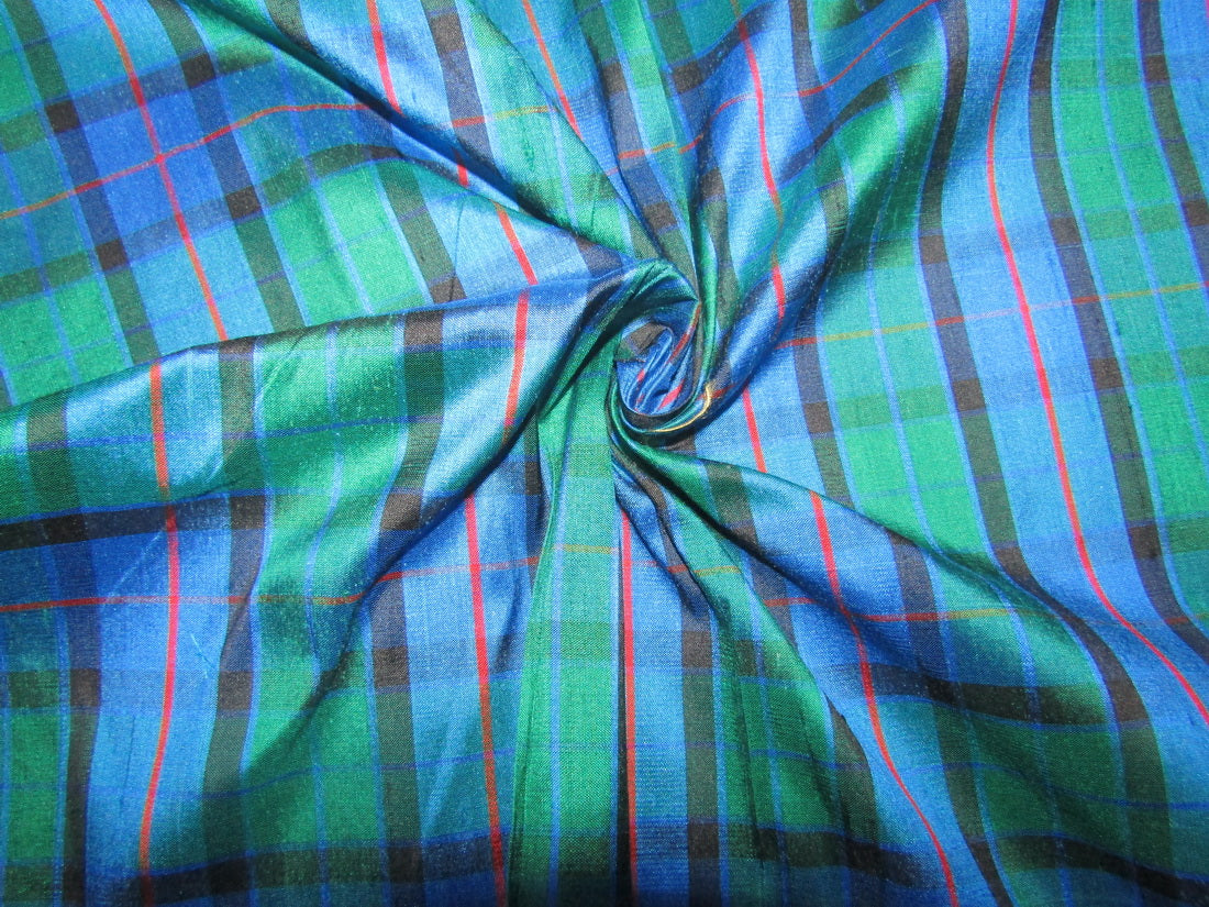 100% silk dupion blue green and red Plaids fabric 54" wide DUPNEWC3[1]