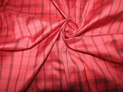 100% silk dupion pinky coral and black plaids fabric 54&quot; wide