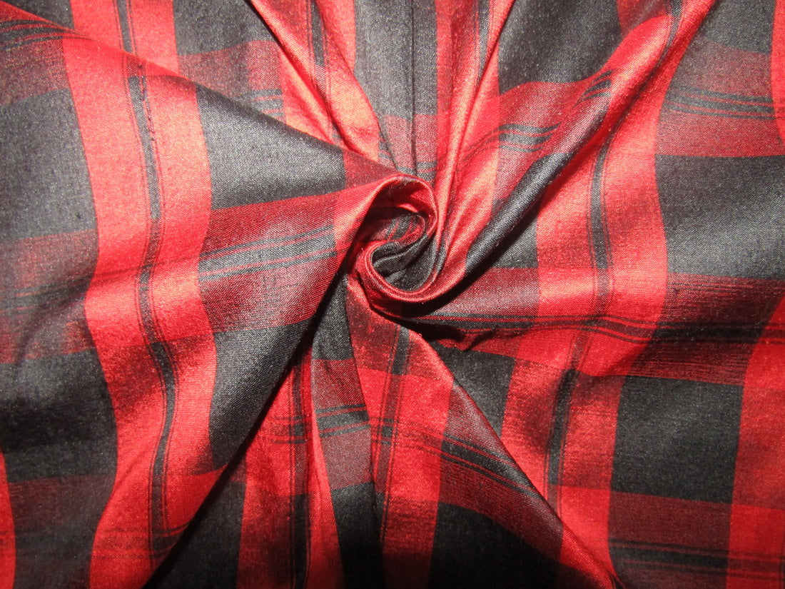 100% silk dupion red and black Plaids fabric 54&quot; wide