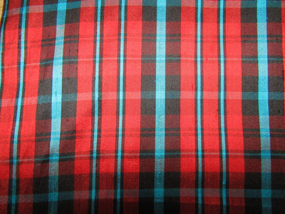 100% silk dupion fabric red black and blue PLAIDS 54&quot; wide