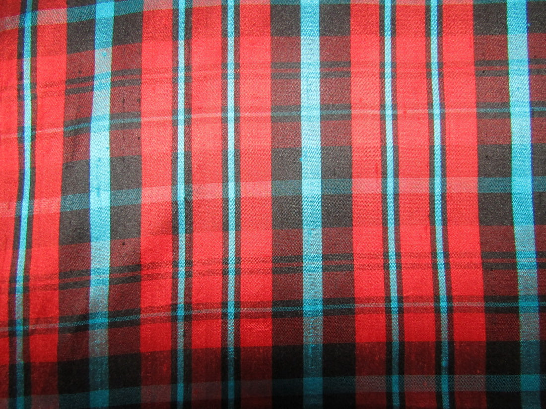 100% silk dupion fabric red black and blue PLAIDS 54&quot; wide