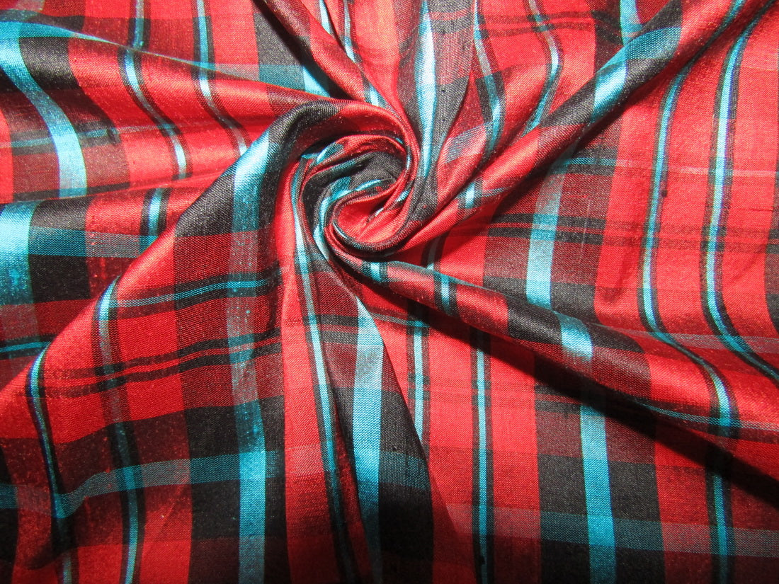 100% silk dupion fabric red black and blue PLAIDS 54&quot; wide