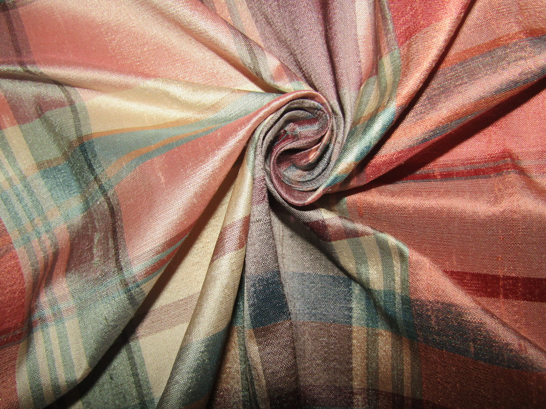 100% silk dupion fabric pink and green PLAIDS 54&quot; wide