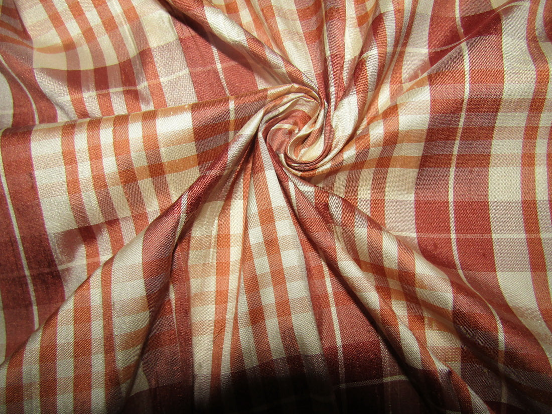 100% silk dupion salmon and ivory color Plaids fabric 54&quot; wide