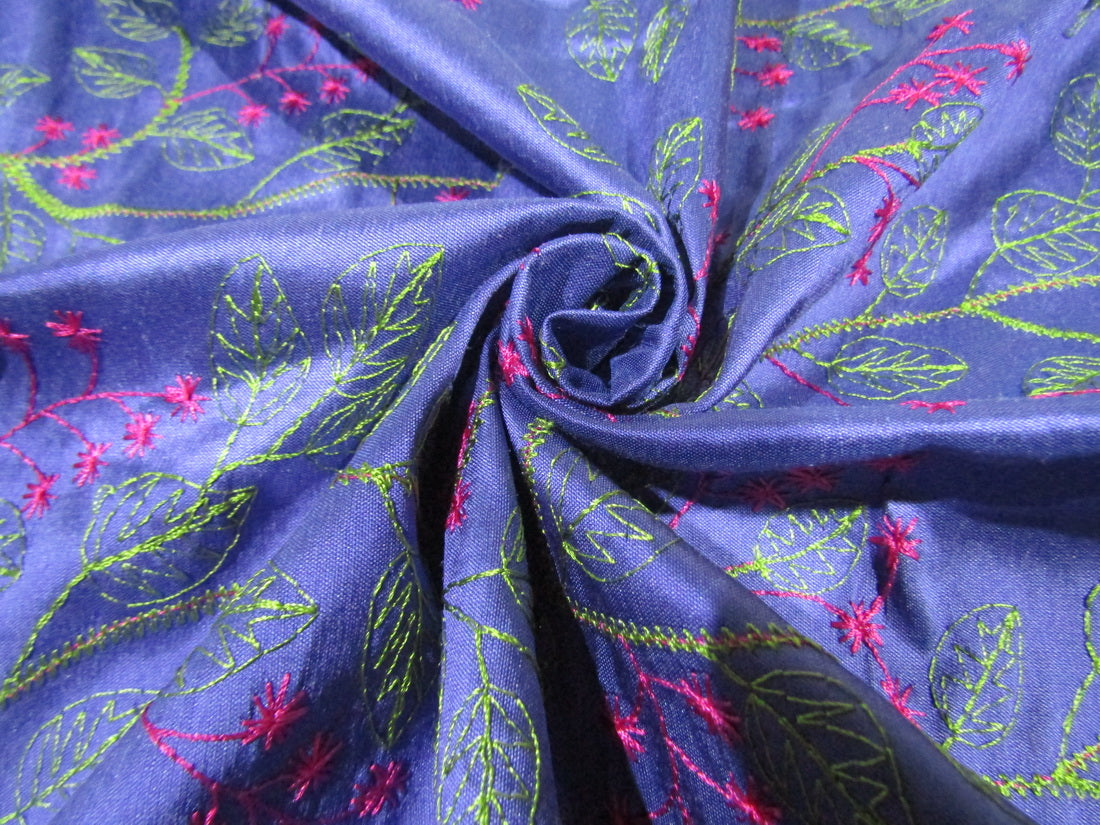 100% SILK DUPION Blue WITH pink and green FLORAL EMBROIDERY 54" wide DUPE60[1]