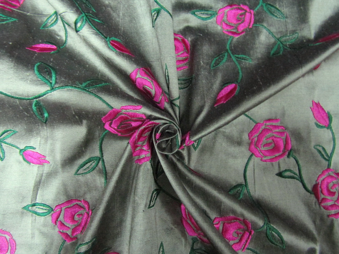 100% SILK DUPION black x light green pink rose FLORAL EMBROIDERY 54" WIDE DUPE58[1]