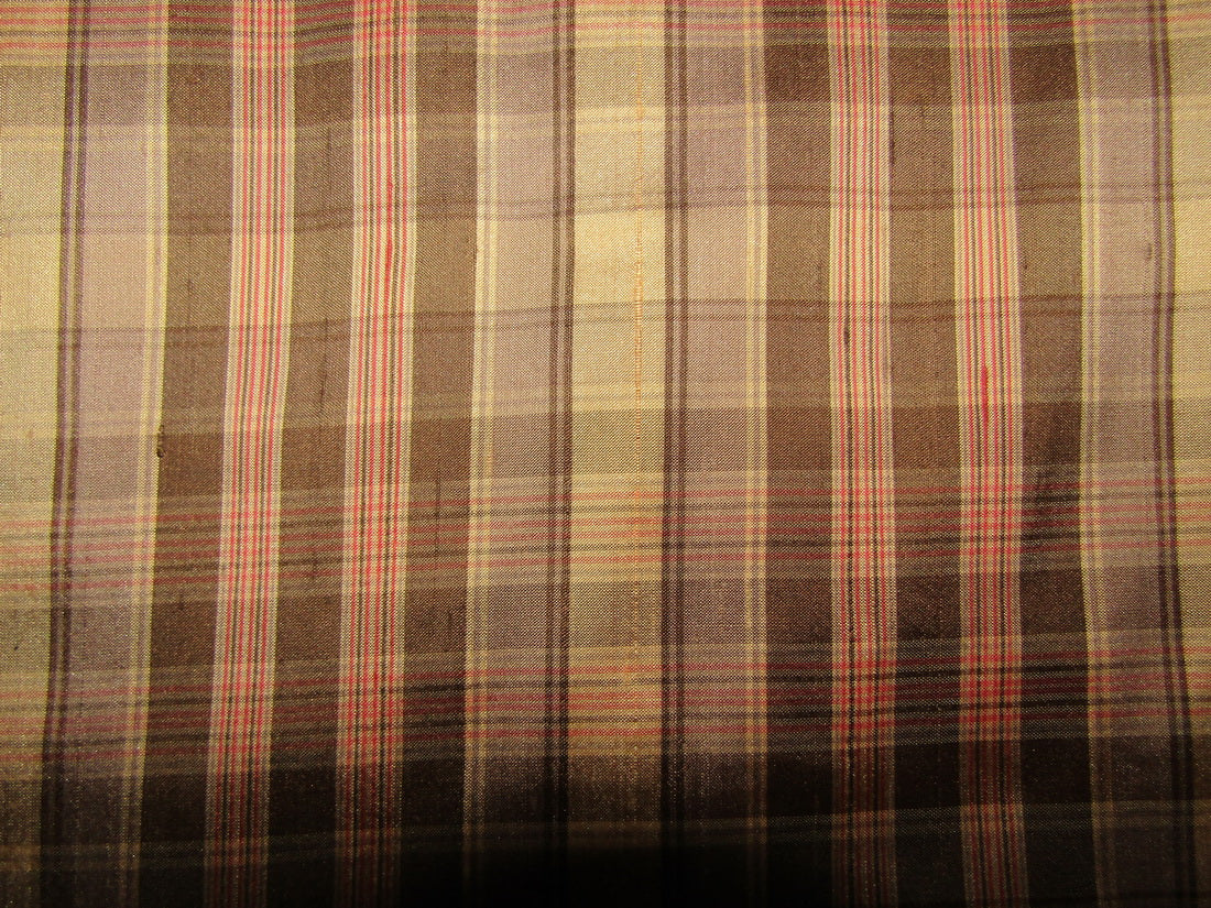 100% silk dupion brown red plaids fabric 54" wide DUPNEWC14[1]