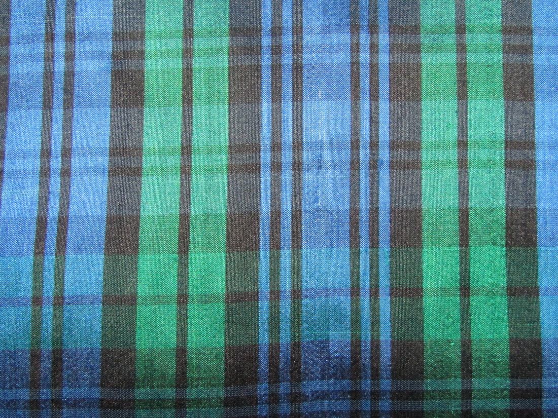 100% silk dupion green blue Scottish Plaids fabric 54&quot; wide