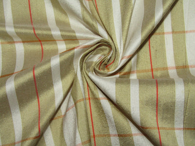 100% silk dupion ivory ,golden olive and orange plaids fabric 54&quot; wide