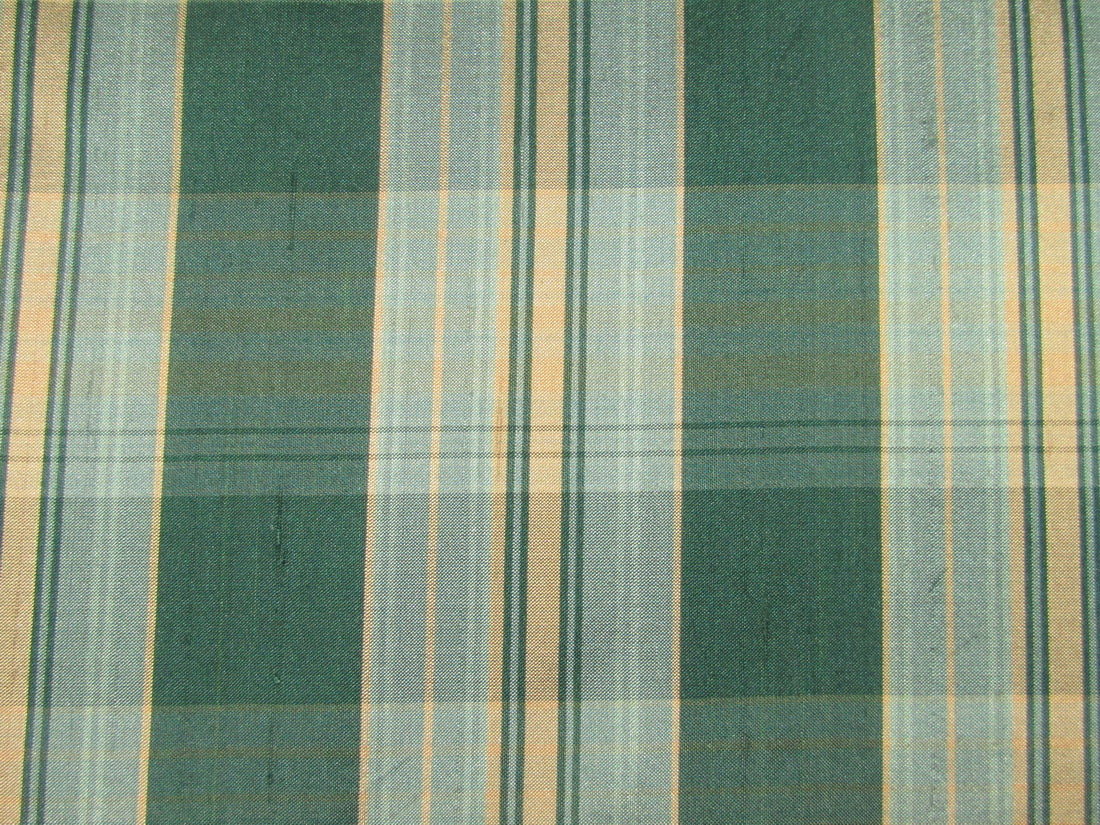 100% silk dupion green and gold Plaids fabric 54&quot; wide