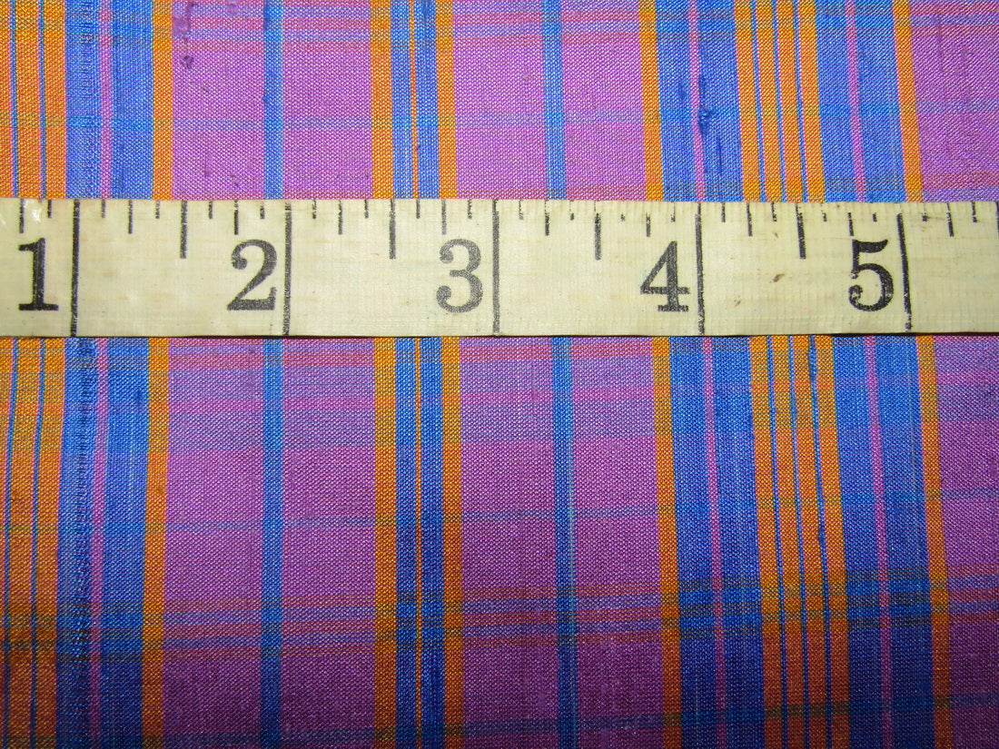 100% silk dupion blue purple mustard and blue Plaid fabric 54" wide DUPNEWC17[5]