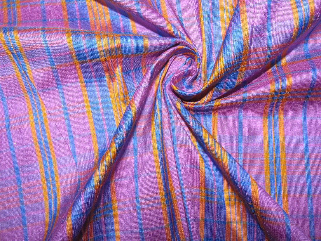 100% silk dupion blue purple mustard and blue Plaid fabric 54" wide DUPNEWC17[5]