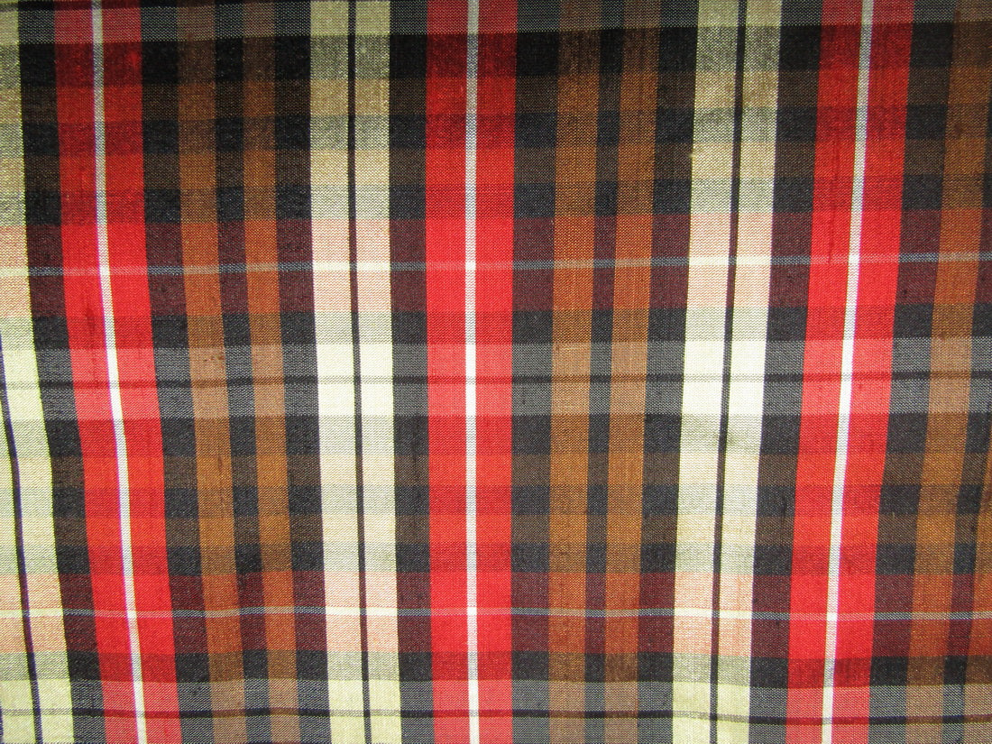 100% silk dupion red black brown beige Plaids fabric 54&quot; wide