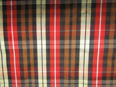 100% silk dupion red black brown beige Plaids fabric 54&quot; wide