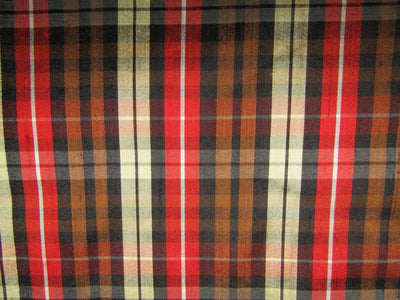 100% silk dupion red black brown beige Plaids fabric 54&quot; wide