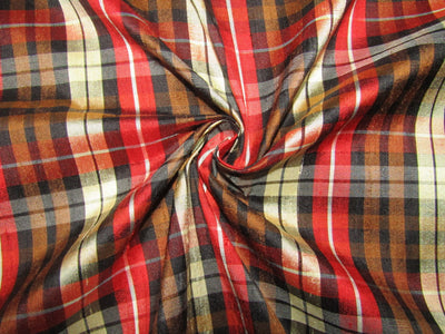 100% silk dupion red black brown beige Plaids fabric 54&quot; wide