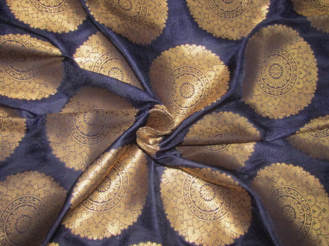 Brocade jacquard Fabric NAVY BLUE x METALIC gold color 44&quot;