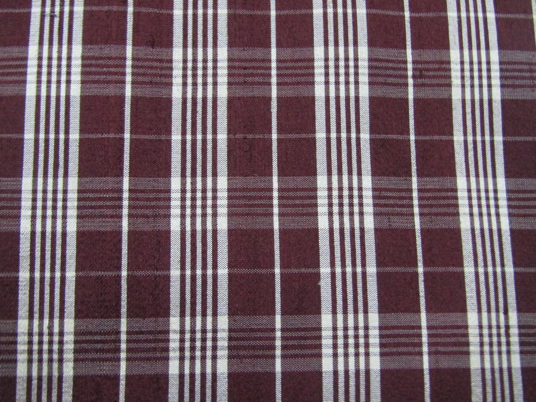 100% silk dupion maroon cream plaids fabric 54&quot; wide