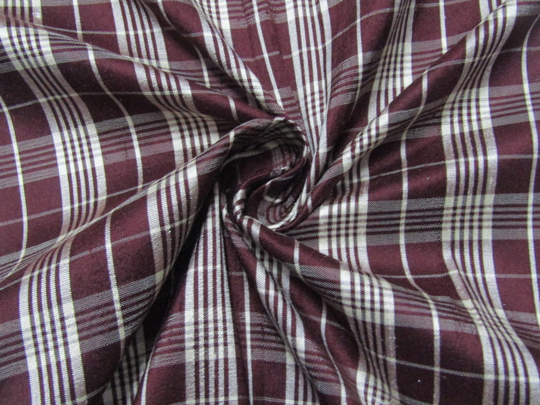 100% silk dupion maroon cream plaids fabric 54&quot; wide