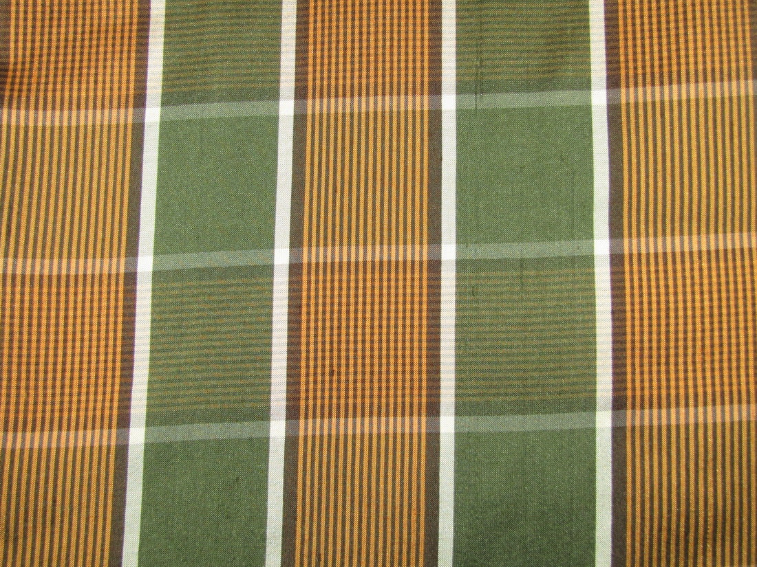 100% silk dupion fabric PLAIDS green and orange 54&quot; wide