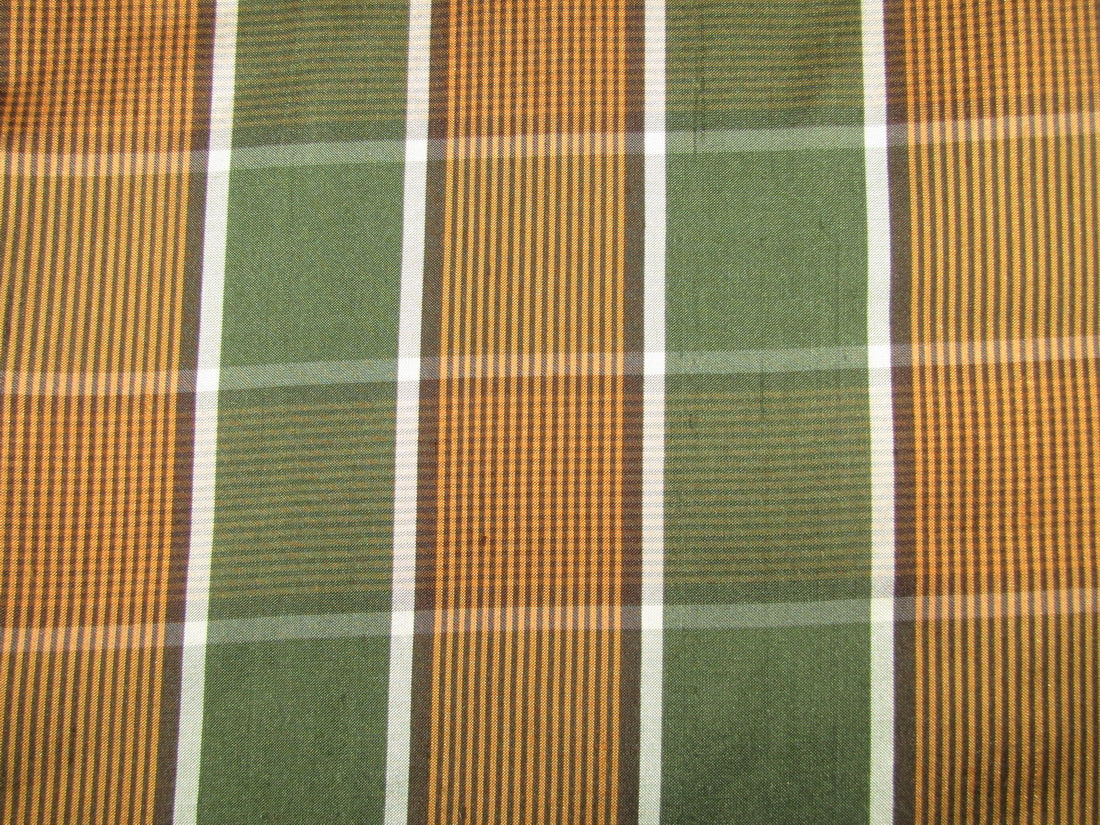 100% silk dupion fabric PLAIDS green and orange 54&quot; wide