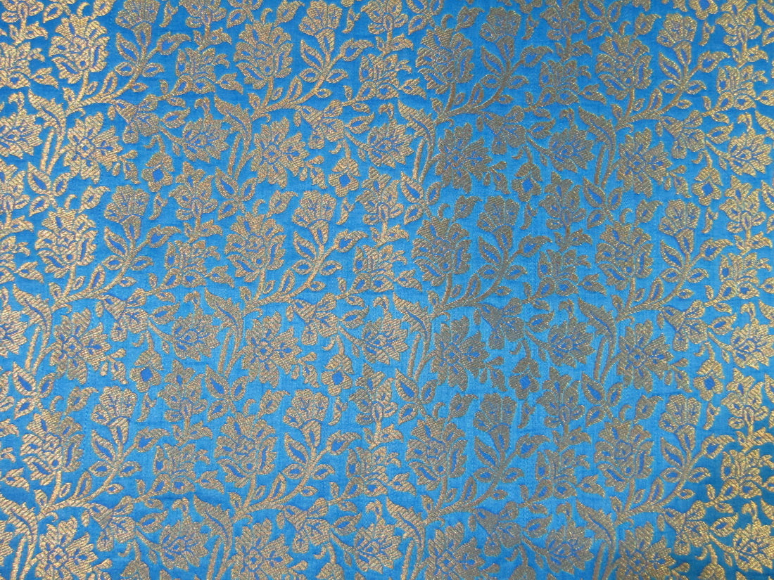 Brocade JACQUARD 44&quot; blue x metallic gold floral