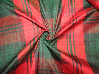 100% silk dupion red green navy Plaids fabric 54&quot; wide