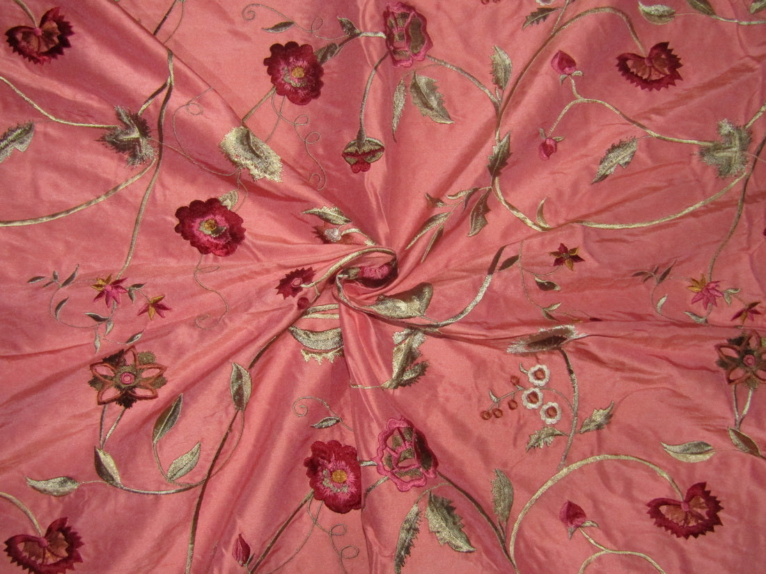 100% SILK DUPION CORAL FLORAL EMBROIDERY 54" wide [9669]