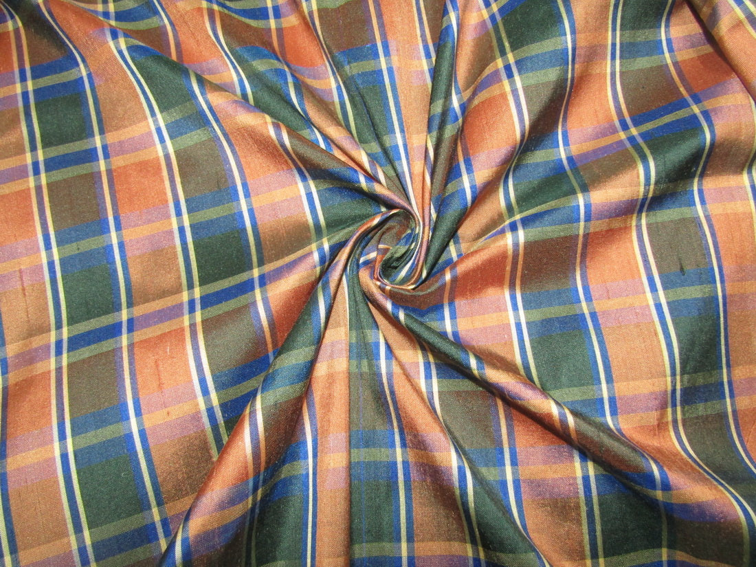 100% silk dupion brown green and blue Plaids fabric 54" wide DUPNEWC13[3]