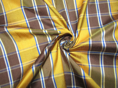 100% silk dupion yellow and brown Plaids fabric ~54&quot; wide