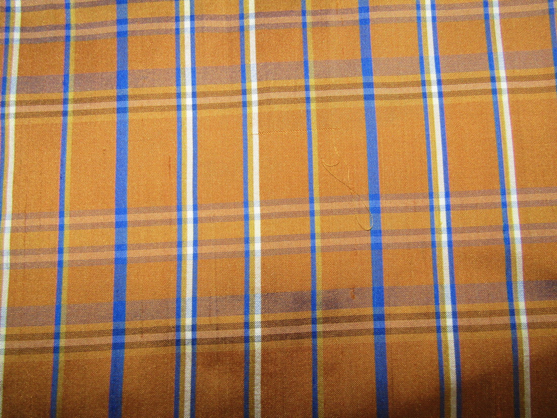 100% silk dupion mustard and blue Plaids fabric 54&quot; wide