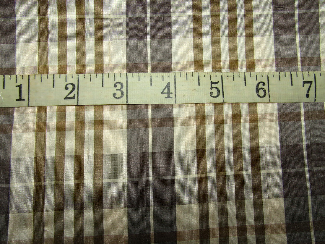 100% silk dupion grey and beige Plaids fabric 54&quot; wide