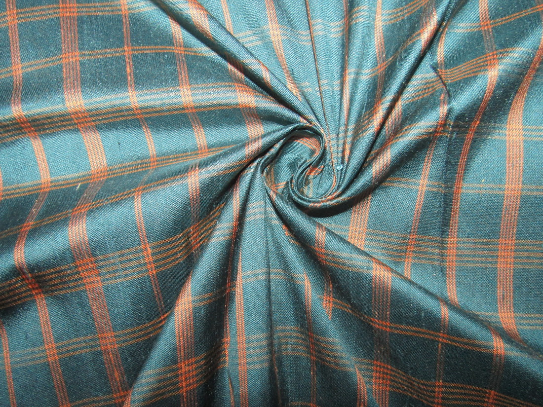 100% silk dupion kingfisher orange plaids fabric 54&quot; wide