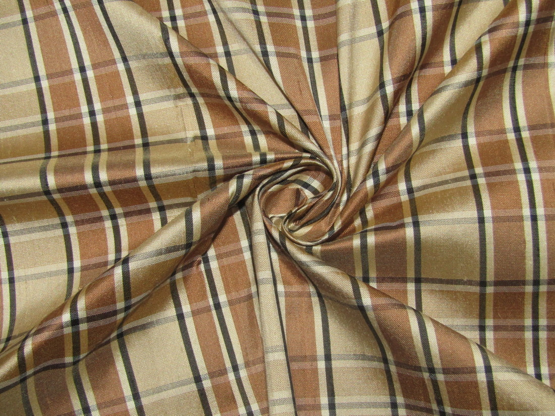 100% silk dupion beige and brown Plaids fabric 54" wide DUPNEWC11[5]