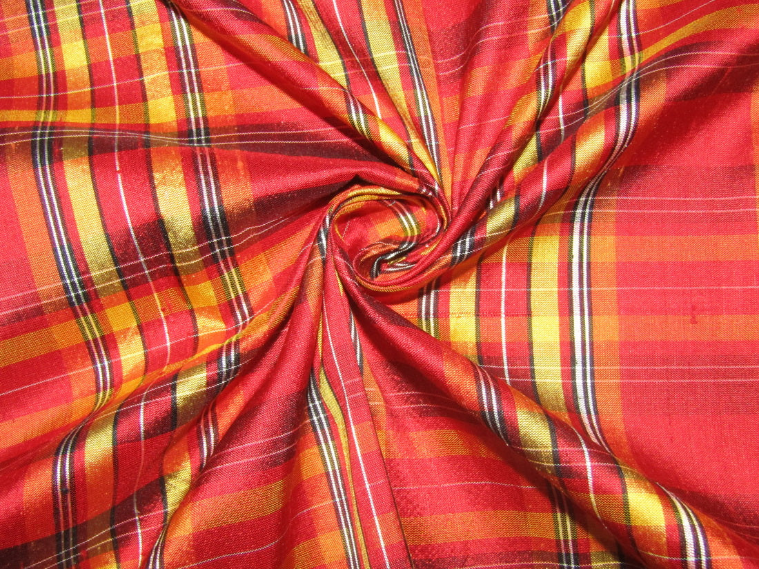 100% silk dupion red yellow plaids fabric 54&quot; wide