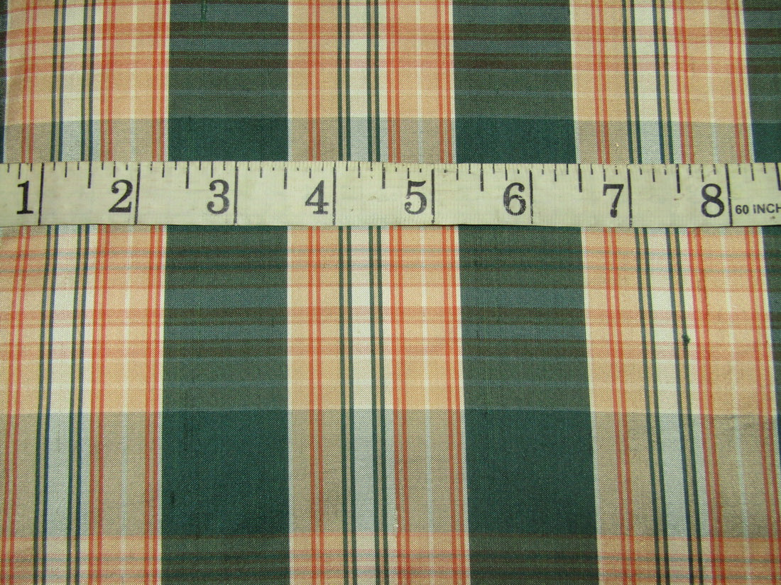 100% silk dupion green and peach Plaids fabric 54&quot; wide