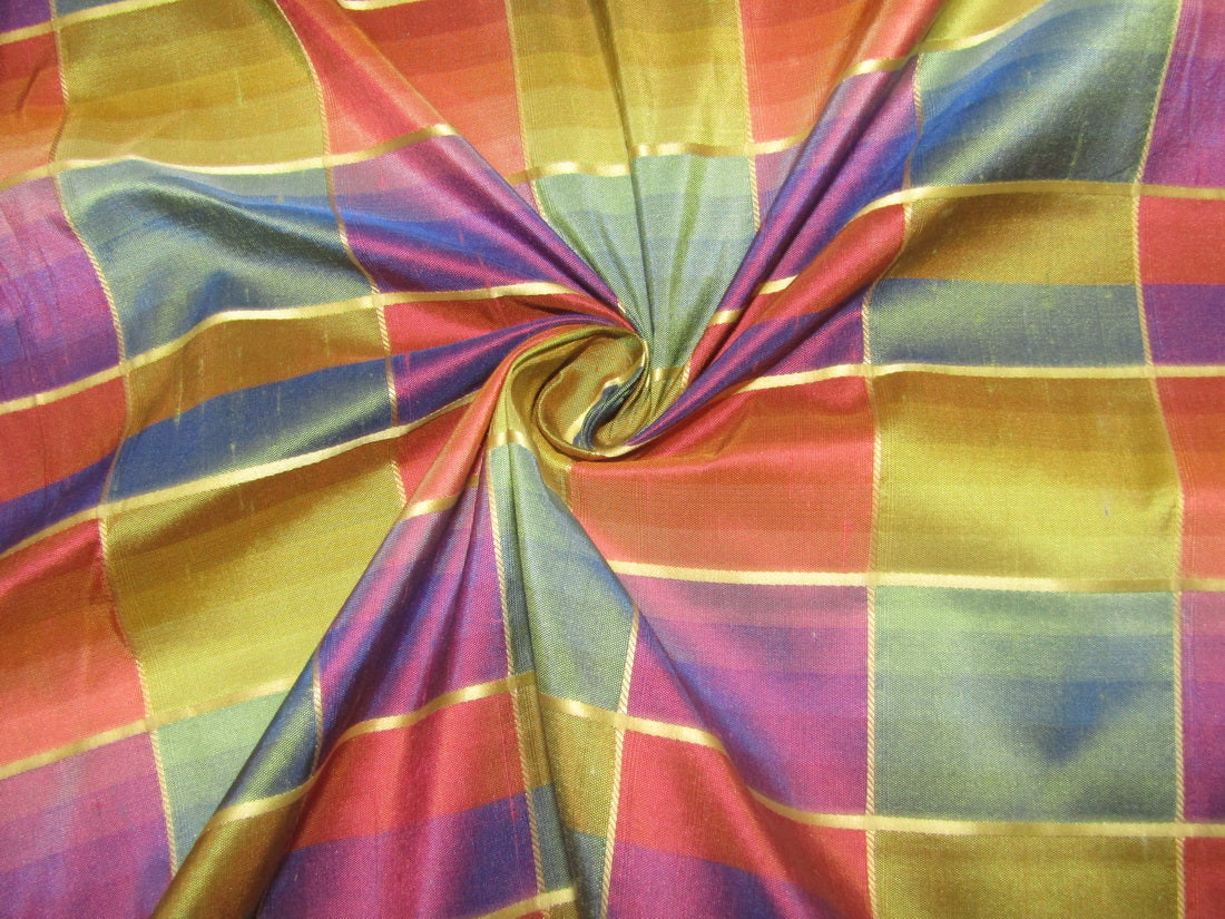 100% silk dupion bright multi colors and gold Plaids fabric 54" wide DUPNEWC19[4]