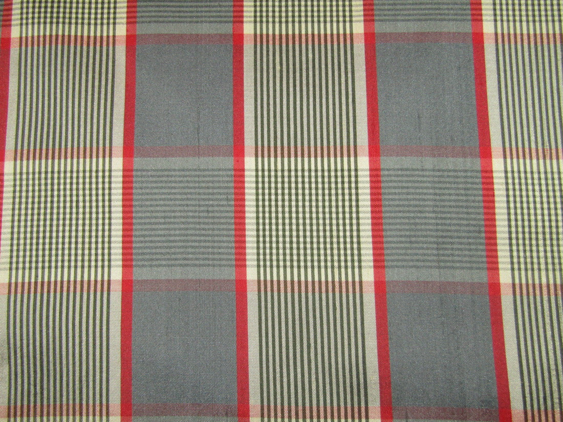 100% silk dupion red and grey Plaids fabric 54&quot; wide