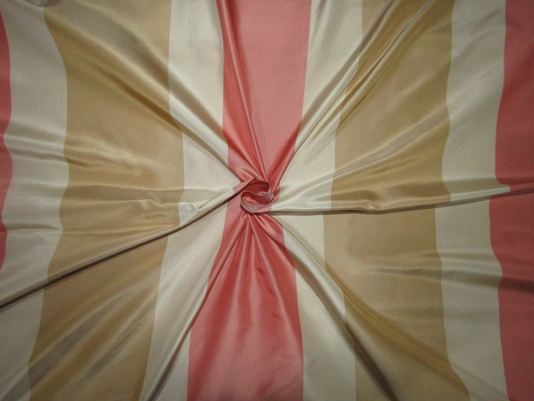 100% Silk Taffeta Fabric CREAM,BEIGE and salmon Stripes TAFS163[5] 54&quot; wide