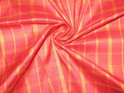 100% silk dupion REDISH PINK and YELLOW PLAIDS fabric - 54&quot; wide