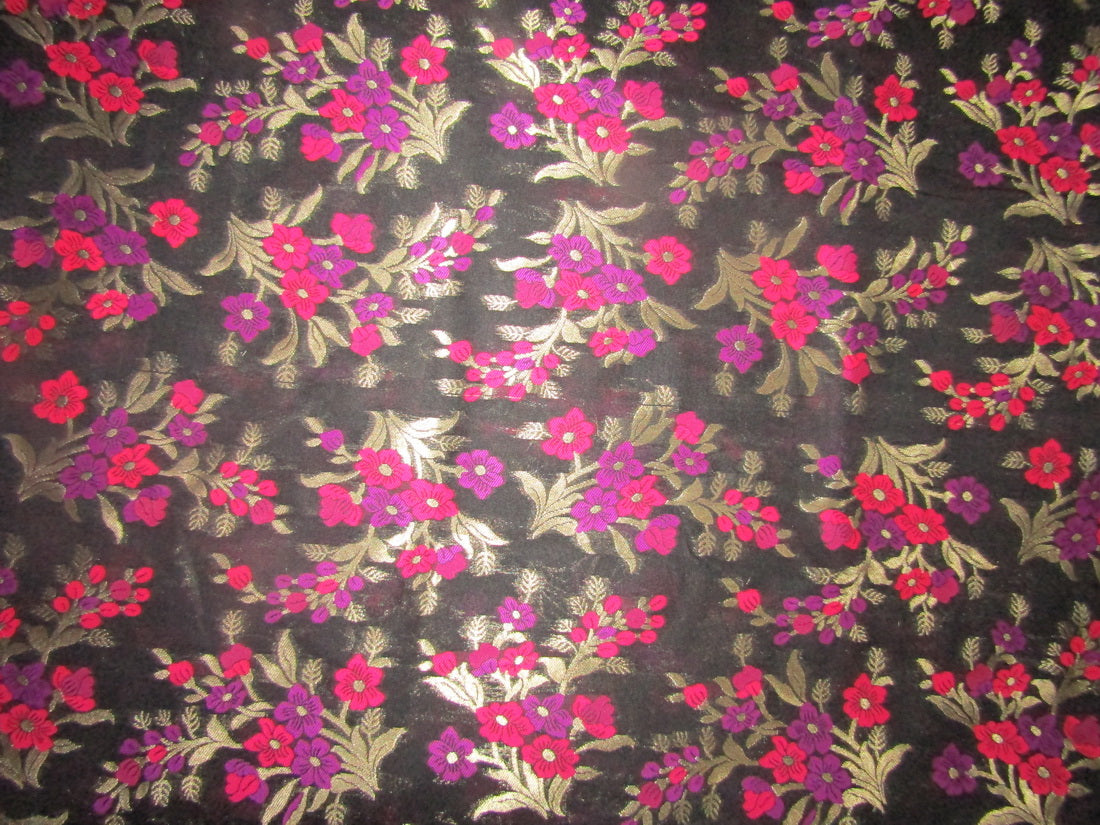 Brocade jacquard fabric 44&quot; pink/aubergine floral with metalic gold