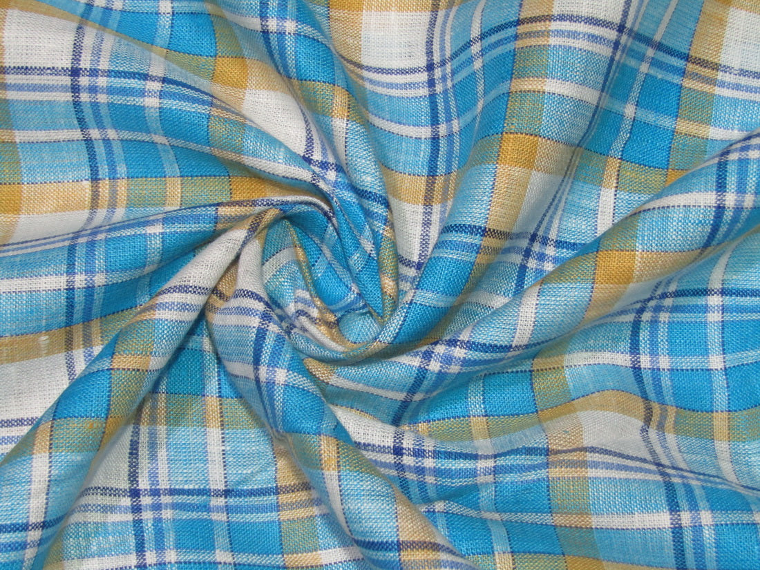 100% Linen Blue & Beige plaids 60's Lea Fabric 58" wide [10803]